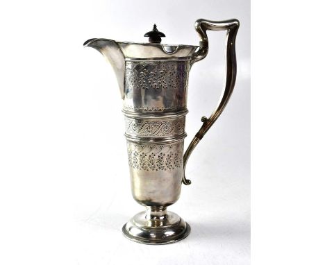 JOSEPH RODGERS &amp; SONS; an Edward VII hallmarked silver hot chocolate pot of tapering form, with incised decoration and hi