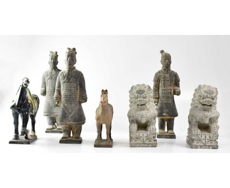 Three reproduction Chinese terracotta army figures, height 40cm, together with a reproduction Tang ceramic horse, a terracott
