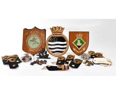 Maritime related objects to include two wooden crests, one 'RNAS Stretton' and 'Warrior Haul Together', another plaster examp