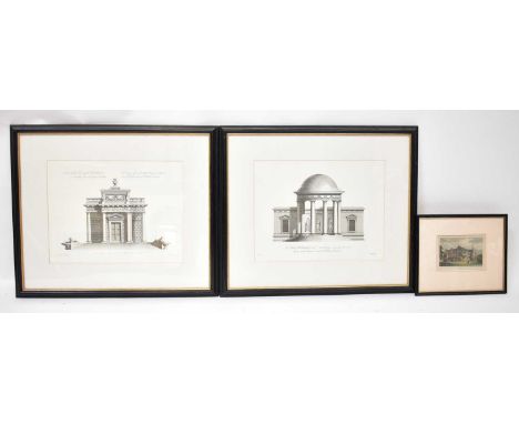 AFTER CHAMBERS; a pair of architectural reproduction prints, together with two coloured etchings, 'Speke Hall' and 'The Royal