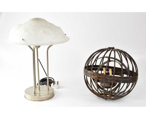A Lalique-style opaque pressed glass shaded table lamp with hyacinth motif, height 47cm, together with a globe cage form hang
