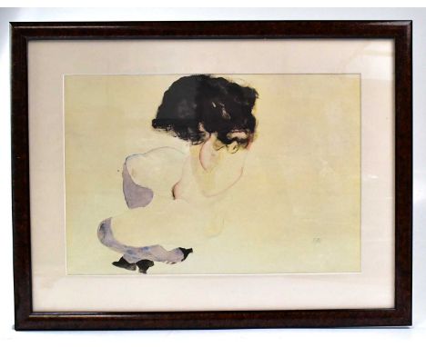 EGON SCHIELE (1890-1918); colour lithograph, nude females wearing stockings and heels, dated 1912, framed and glazed. 33 x 45