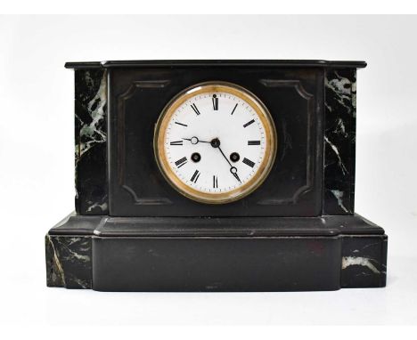 A Victorian slate mausoleum eight-day mantel clock, the enamelled dial set with Roman numerals, inset with green marble, heig