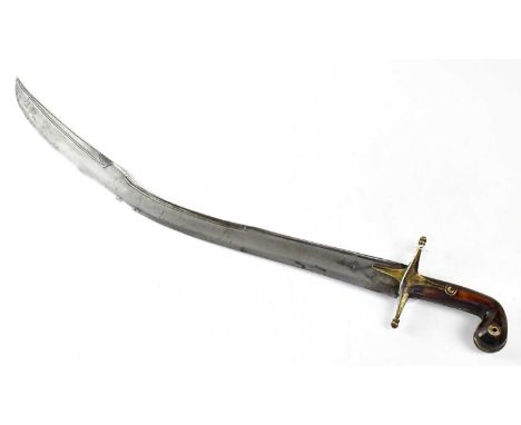 A 19th century Turkish Kilij, the 26.5" curved pala blade with broad spine and 10" double-edged tip, brass cross guard and ho