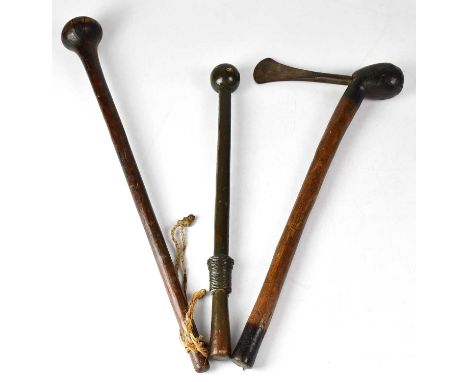An unusual possibly African painted leather combination cudgel/sword stick, with enclosed 32cm blade and weighted pommel, ove