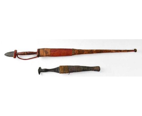 An African hunting sword with narrow 57cm double edged blade, possibly Sudanese Nubian Cloud tribe, with leather covered hilt