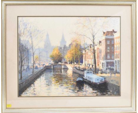 † ROBERT 'BOB' RICHARDSON (born 1938); pastel, Amsterdam lock scene with barges and cityscape, signed lower left, 45 x 59cm, 