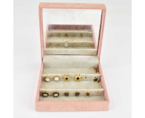 Six pairs of 9ct gold stud earrings to include claw set opal, opal and sapphire cluster, flower head sapphire cluster, etc (6