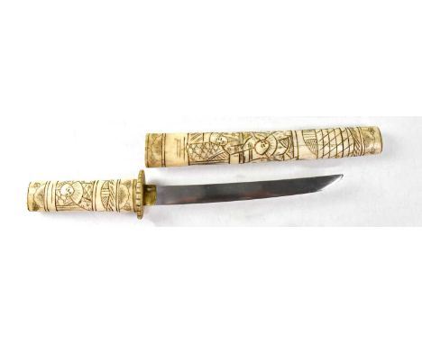 A early 20th century Japanese bone-handled Tanto, with 19cm fullered blade and carved bone scabbard, overall length 35cm (af)