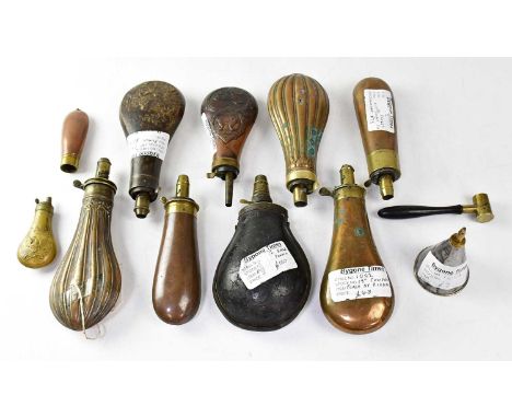 A collection of 19th century and later powder flasks including a Dixon &amp; Son patent example, a G &amp; J.W Hawksley examp