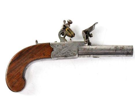 BASS, LONDON; a 19th century 54 bore flintlock pocket pistol with 2.25" turn-off barrel, stamped with broad arrow to key latc