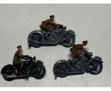 Three vintage dispatch rider diecasts, Two John Hill, one Britians