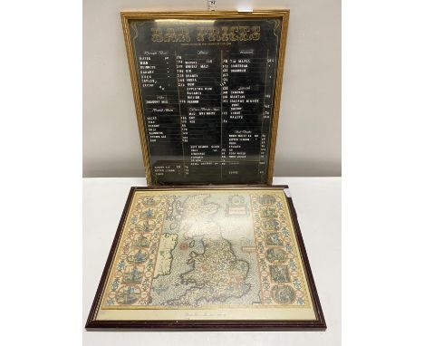 A framed vintage bar price list and a framed print of the British Isles by John Speed, shipping unavailable