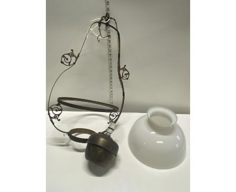 A antique brass and copper ceiling light with opaque glass shade, shipping unavailable