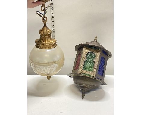 A antique Moroccan style hanging lamp and  an antiques glass globe ceiling light, shipping unavailable