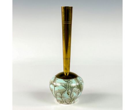 Turquoise with lustre finish and branch patterning. Round body. Narrow brass spout with handle. Hand Painted Delft Holland on