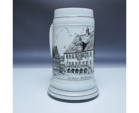 This vintage German beer stein, crafted by Kuhn Keramik, features a detailed black and white illustration of the Rathaus Heil