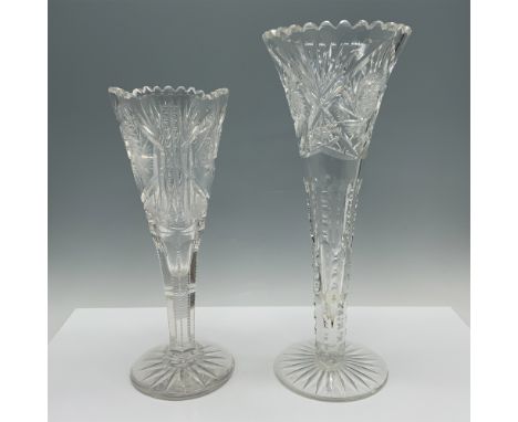 Fabulous duo of vases with etched designs that includes pinwheel patterns and scalloped rims. Largest item measures 12"H x 4.