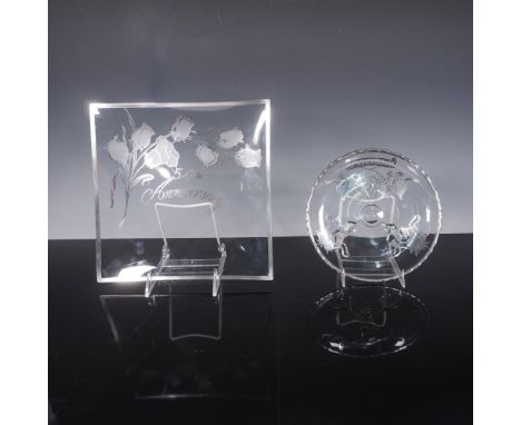 Includes a 50th anniversary square and round footed glass tray decorated with silver floral inlays. Largest item measures 9.7