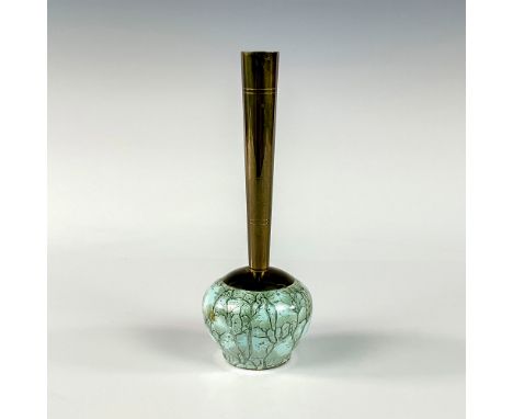 Turquoise with lustre finish and branch patterning. Round body. Narrow brass spout. Hand Painted Delft Holland on bottom. Thi