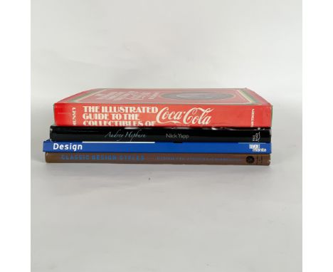 A curated collection of four hardcover books exploring design, culture, and collectibles. Included are Audrey Hepburn by Nick