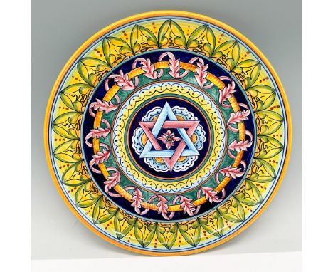 A vibrant hand-painted Judaica ceramic plate from Positano, Italy, featuring an intricate geometric and floral design in rich