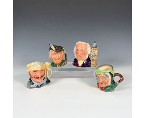 A collection of four Royal Doulton character jugs featuring Veteran Motorist D6637 (1972), Robin Hood D6534 (1959), John Doul