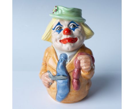 Royal Doulton Toby Jug, Charlie Cheer the Clown D6768 (orange jacket; blue tie; green cap; yellow hair; pink sausages). This 