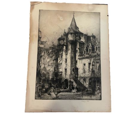 This striking wood block etching by Hedley Hilton presents a dynamic and detailed Parisian street scene, featuring intricate 