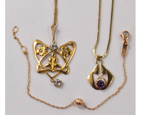 Selection of gold jewellery to include 2 necklaces with pendants and a bracelet.  Bracelet stamped 750 (2.63g approx), a 9ct 