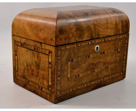 Late c18th century Light walnut inlaid tea caddy with mother of pearl key hole surroundW: 21.5cm approx  D: 14cm approx  H: 2