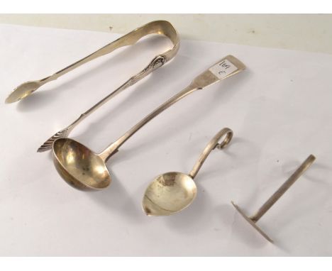 Edinburgh silver sugar tongs, Scottish silver toddy ladle, Birmingham silver spoon and pusher set. gross W 117g