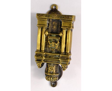 HOLYROOD PALACE brass door knocker, maker  inscription on the back but indistinct, L: 8.5cm approx  W: 3.5cm approx 