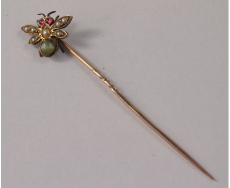 Victorian moonstone, pearl and ruby set stick pin in design of a flying insect in presentation boxL: 6cm approx Gross weight 