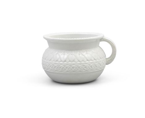 A BELLEEK FIRST PERIOD MINIATURE CHAMBER POT, of circular shape, the inside with a transfer printed portrait of William Glads