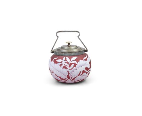 AN ENGLISH CAMEO GLASS BISCUIT BARREL, IN THE MANNER OF THOMAS WEBB, LATE 19TH CENTURYthe globular ruby glass body overlaid i