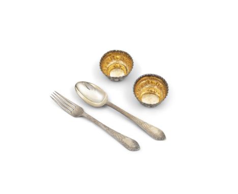 A CASED VICTORIAN CHRISTENING SET COMPRISING AN ELABORATLEY ENGRAVED SPOON AND MATCHING FORK,London 1885, together with a pai