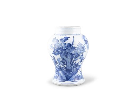 A CHINESE BLUE AND WHITE BALUSTER VASE, KANGXI, CIRCA 1700,with short upright neck and body painted with stylized flowers aga