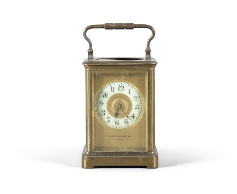 A FRENCH BRASS CASED CARRIAGE CLOCK, retailed by 'Sir John Bennett, Paris', fitted with five bevelled glass panels, circular 