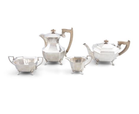 A MATCHED FOUR PIECES SILVER TEA AND COFFEE SERVICE, Sheffield 1939 & 1940, of octagonal panelled form, the tea and coffee po