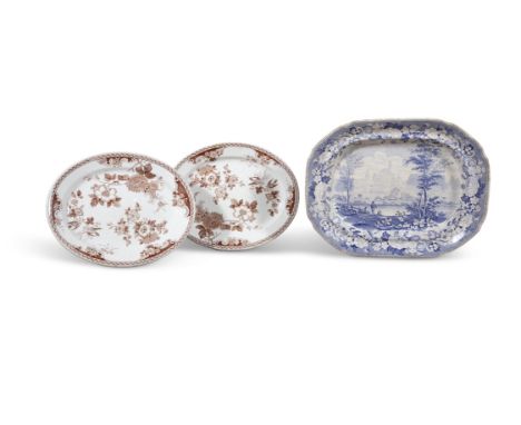 A PAIR OF BELLEEK EARTHENWARE TRANSFER PRINTED MEAT DISHES,First period, in brown and white tones, 35cm wide, together with a