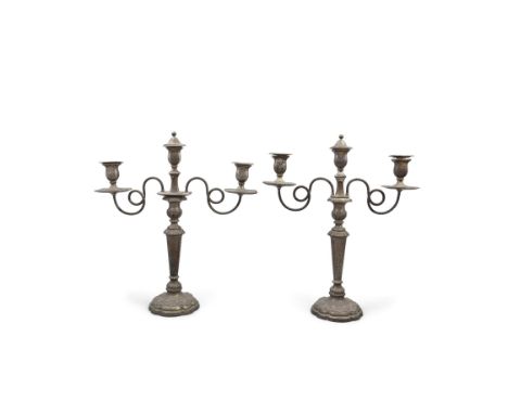 A LARGE PAIR OF 19TH CENTURY SHEFFIELD PLATED THREE LIGHT CANDELABRA45cm wide, 51cm high