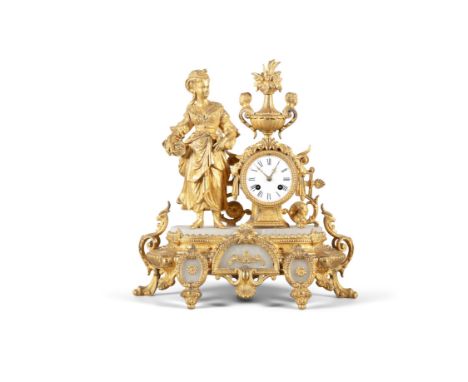 A FRENCH GILT METAL AND ALABASTER FIGURAL MANTLE CLOCK, LATE 19TH CENTURY modelled with a standing female figure by an enamel
