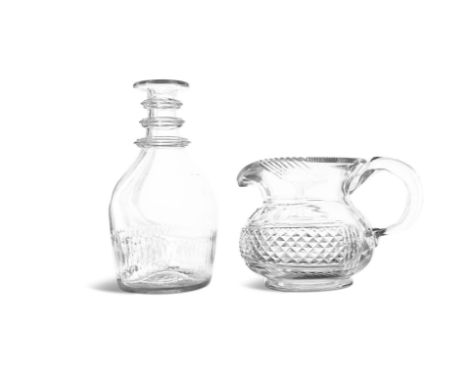 A GEORGIAN TRIPLE RING NECK GLASS DECANTER decorated with upright facets, lacking stopper, 22cm high; together with a melon s