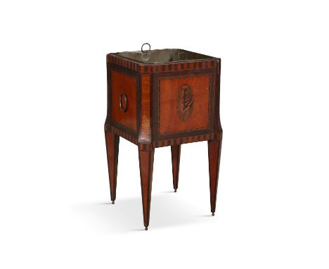 AN INLAID MAHOGANY SQUARE PLANTER 19TH CENTURY in the Sheraton style, fitted with detachable brass liner, canted corners, on 