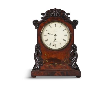 AN EARLY VICTORIAN MAHOGANY CASED MANTLE CLOCK BY ATKINS OF POPLAR, LONDONthe leaf carved upright case with brass lotus flowe