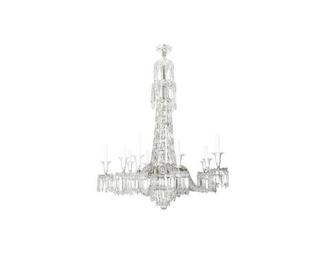 A VICTORIAN CUT GLASS TEN BRANCH CHANDELIER with flared vase shaped corona, over two circular drip pans, the central ropetwis
