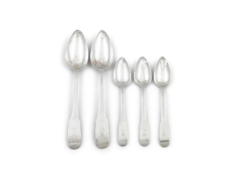 A PAIR OF IRISH PROVINCIAL SILVER FIDDLE PATTERN SERVING SPOONS stamped 'GIBSON', also stamped with marks for Dublin c.1800, 
