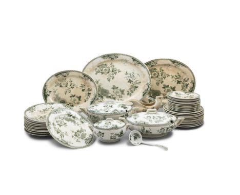 A BELLEEK FIRST PERIOD FLORAL PATTERN DINNER SERVICE comprising 12 dinner plates  11 starter plates 12 saucers  4 serving dis