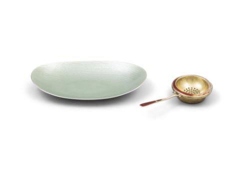A NORWEGIAN SILVER AND GREEN ENAMEL OVAL TRAY BY J TOSTURP stamped with markers mark, 'STERLING' and 'NORWAY', with inscripti